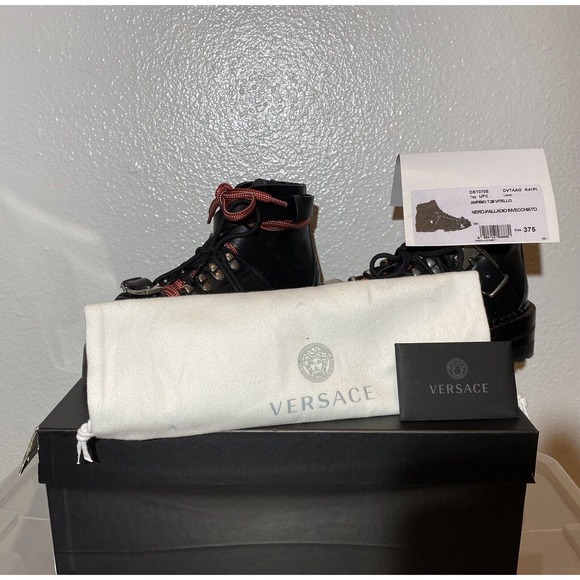 Versace Combat Ankle Boot 37.5 Black sz 7 Anfibio T.25 Vitello Nero Palladio - Picture 4 of 15